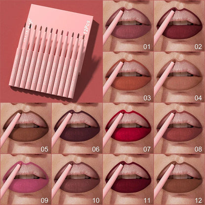 Blushimmer matte lip liner pencil set with 12 nude-pink shades for lip contour, waterproof, non-transfer, highly pigmented, daily and party makeup