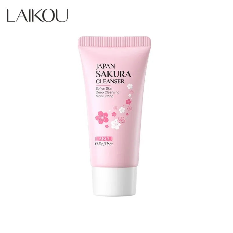 Blushimmer Laikou Sakura Facial Cleanser with 50g bottle, gentle face wash for deep pore cleansing, oil control, and brightening.