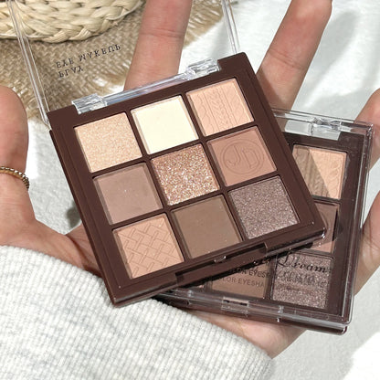 Blushimmer Chocolate Warm Brown Earth palette with 9 matte, orange, brown, and glitter eyeshadow shades in a sleek palette.