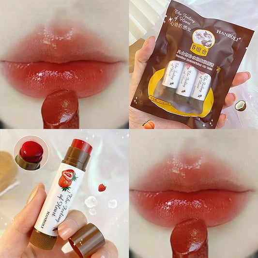 Blushimmer colored fruit lip balm in peach tea and orange jelly shades, nourishing, long-lasting moisturizing lipstick for plump lips.