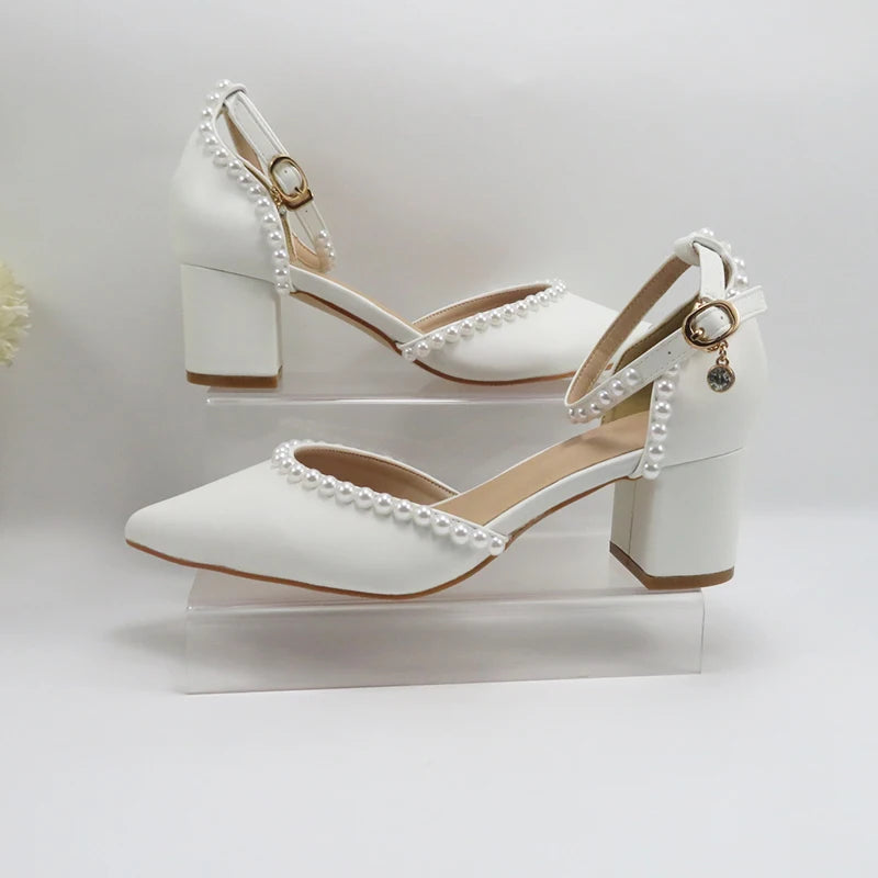 BaoYaFang Bridal wedding shoes Women Thin Heel Pointed Toe Pearl Female Ladies Party Shoe Ankle Strap Buckle Autumn Ladies Shoe