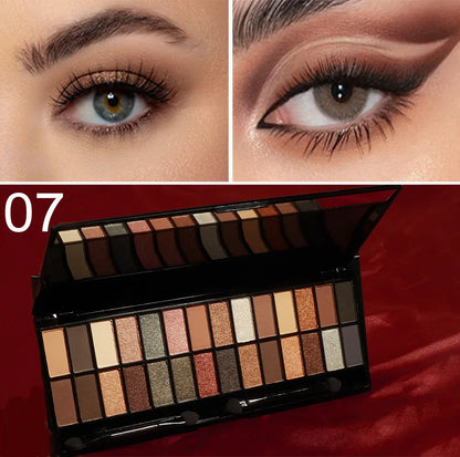 Blushimmer matte shimmer eyeshadow palette with 28 waterproof long-lasting colors and dual-ended makeup brush.
