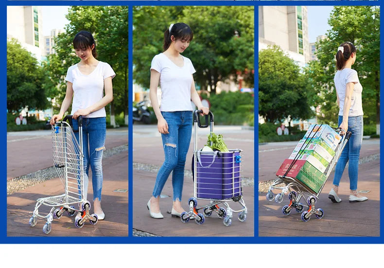 Grocery Cart Portable Aluminum Alloy Shopping Folding Trolley Big Capacity Lightweight Step Climbing Folded Trolley