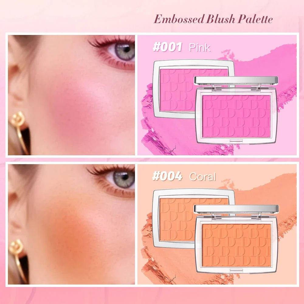 Blushimmer matte pink and red cheek blush powder for natural face contouring and brightening, soft female makeup.