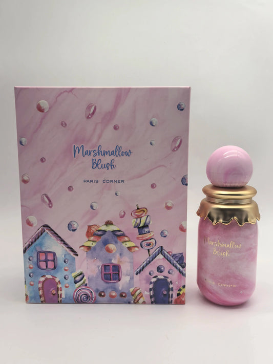 Paris Corner Marshmallow Blush EDP perfume bottle from Blushimmer with floral and vanilla notes, 3.4oz/100ml, unisex romantic fragrance