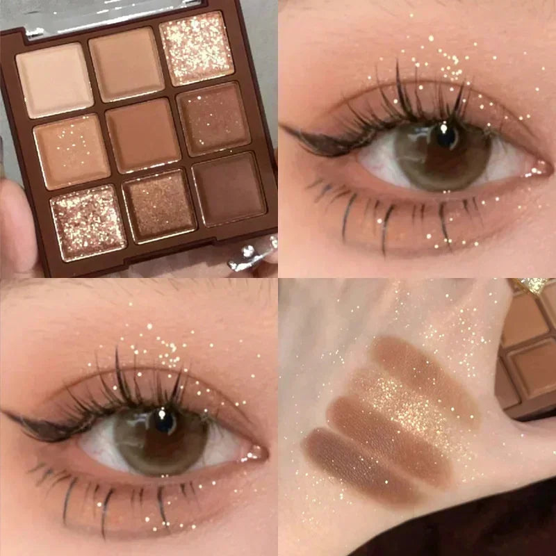 Blushimmer 9-color chocolate eye shadow palette with pearly, matte, and shiny sequin finishes in earthy tones for lasting makeup looks.