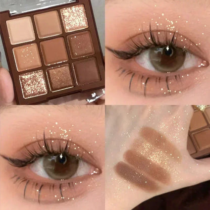 Blushimmer 9-color chocolate eye shadow palette with pearly, matte, and shiny sequin finishes in earthy tones for lasting makeup looks.