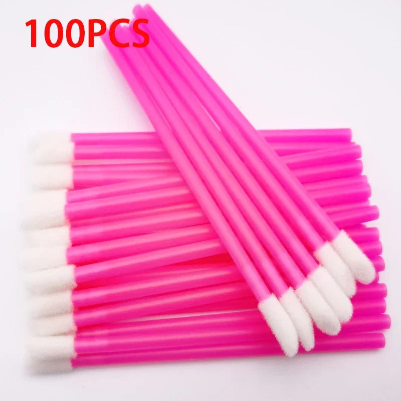 Set of 100 colorful Lip Brushes and applicators by Blushimmer for makeup, eyelashes, and lipstick application, arranged in a neat display.