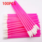 Set of 100 colorful Lip Brushes and applicators by Blushimmer for makeup, eyelashes, and lipstick application, arranged in a neat display.