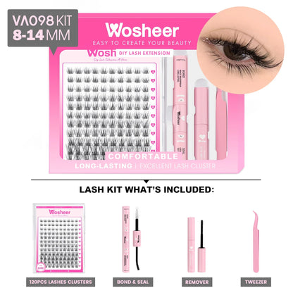 Blushimmer WOSHEER eyelash clusters kit with faux mink lashes, lash bond, seal, and remover for DIY eyelash extensions.