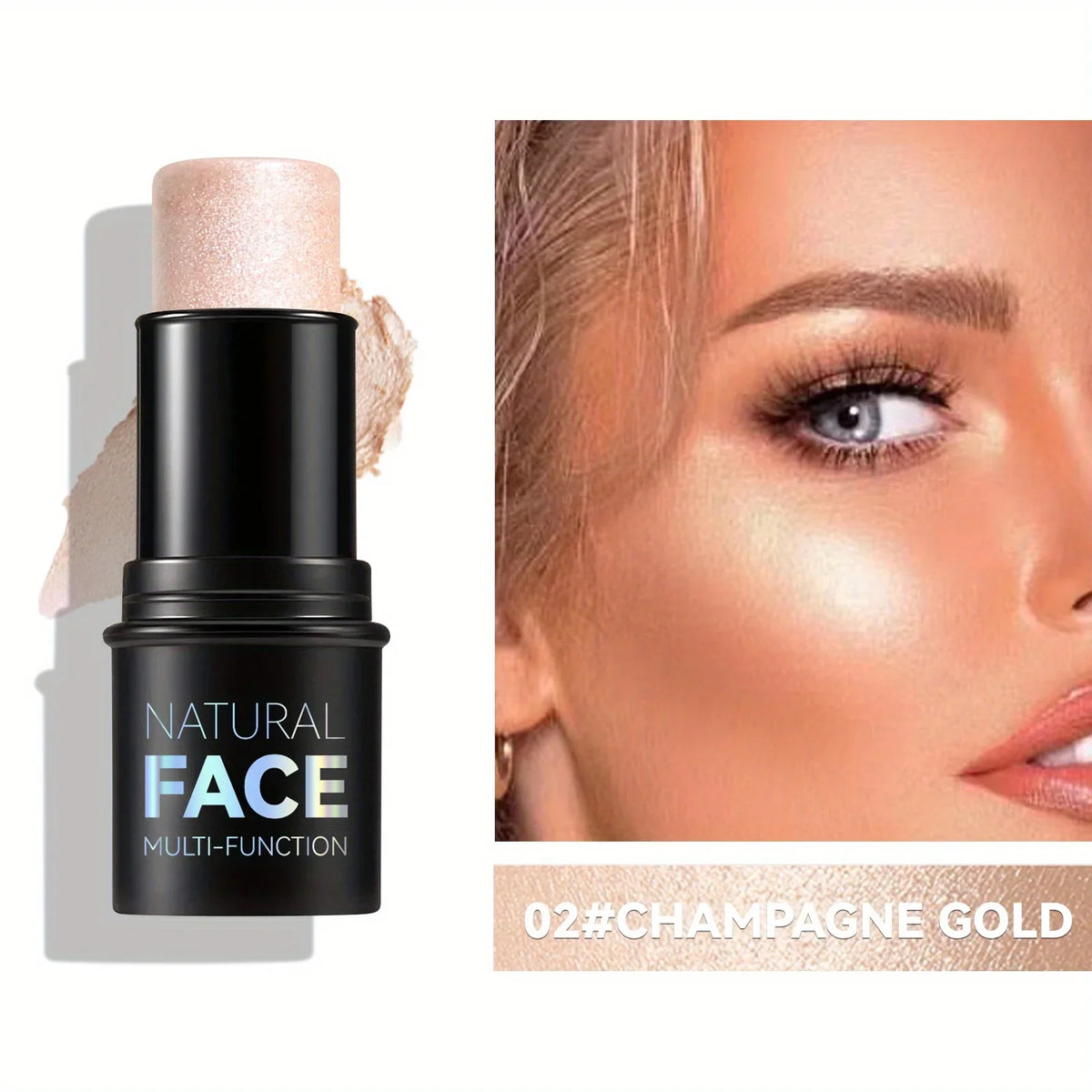 Blushimmer cream contour sticks with highlighter, bronzer, and blush for face contouring, non-greasy and water-resistant.