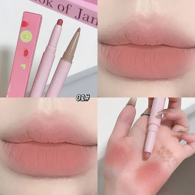 Blushimmer waterproof double-head matte lipstick and lip liner pencil in nude pink and sexy red shades for long-lasting lip color.