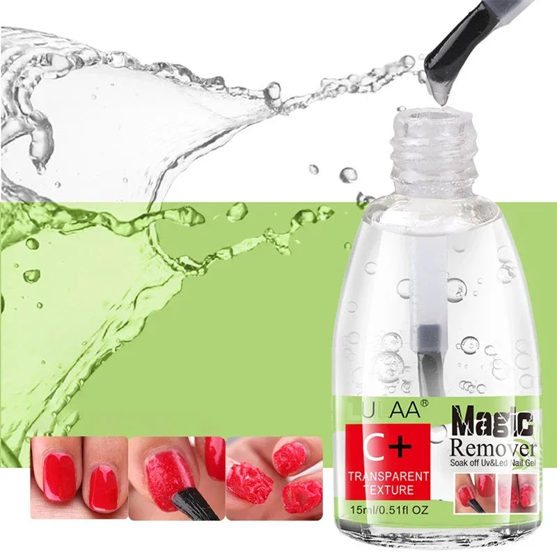 Blushimmer 15ml magic gel remover for quick nail polish removal, featuring a soak-off UV and LED-safe formula with manicure tools.