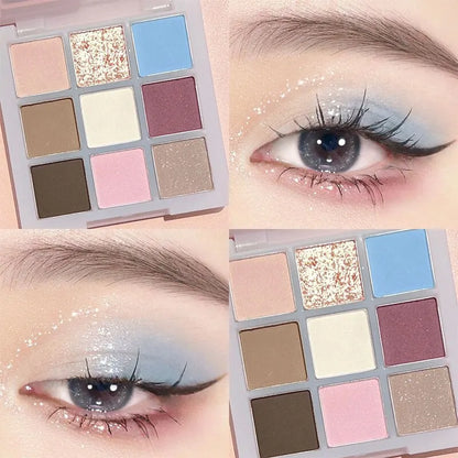Blushimmer DIKALU spring and summer eyeshadow palette with nine rosy, low-saturation smoke powder shades in a grid layout.