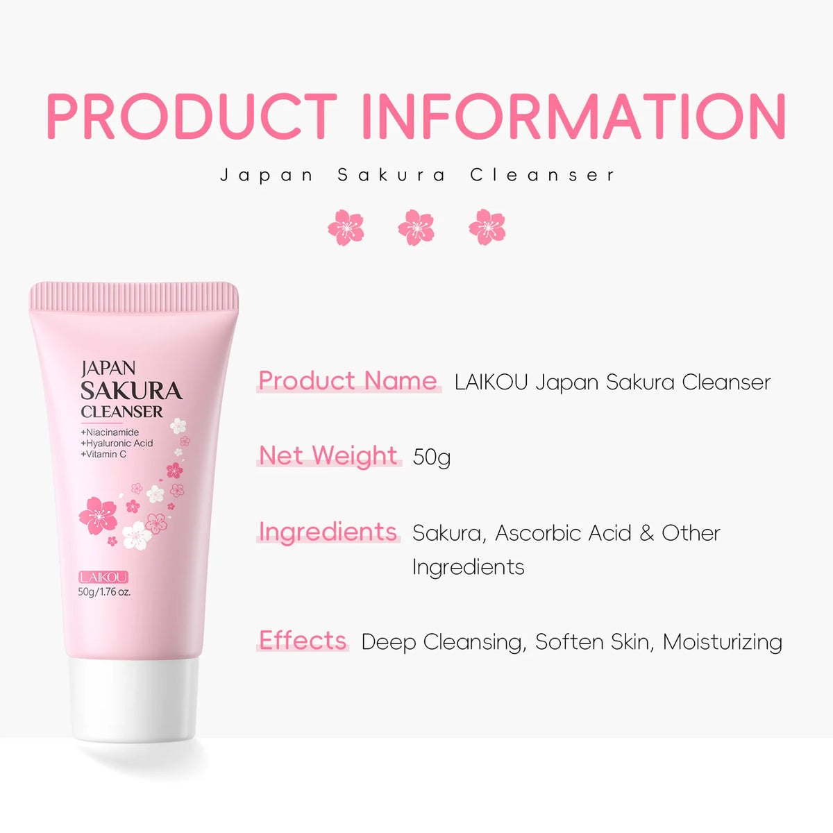Blushimmer Laikou Sakura facial cleanser, 50g, deep cleans pores, controls oil, brightens, and moisturizes all skin types.