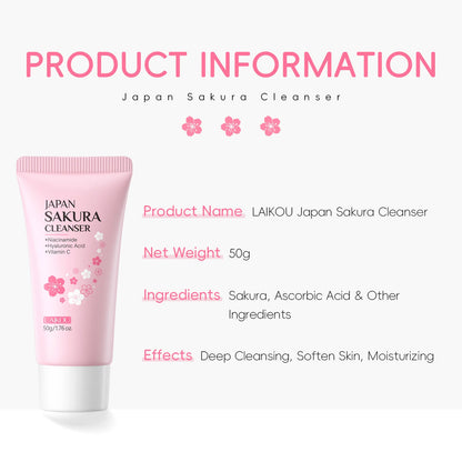 Blushimmer Laikou Sakura facial cleanser, 50g, deep cleans pores, controls oil, brightens, and moisturizes all skin types.