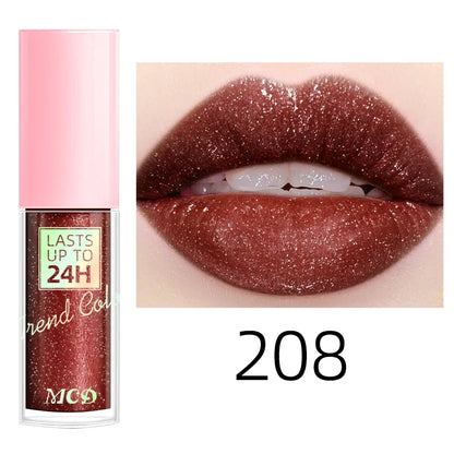 Blushimmer 18-color glitter lip gloss with long-lasting, waterproof liquid lipstick, moisturizing lip oil, and tint in a sleek tube