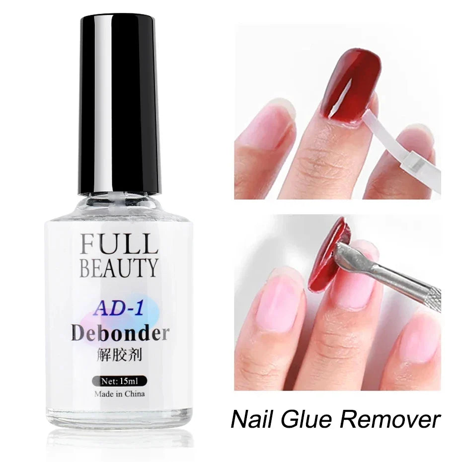 Blushimmer 15ml nail glue remover and debonder for false nail tips, gel removal, and fake press-on nails with dissolving liquid.