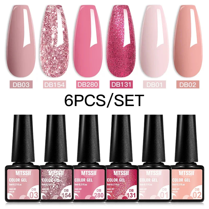 Set of six Blushimmer sparkly red gel nail polishes with shiny finish, ideal for LED and UV nail art and manicure applications.