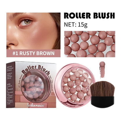 Blushimmer Lakerain Roller Blush ball with pink pearl finish, spherical shape, and brightening cosmetic for a delicate glow.