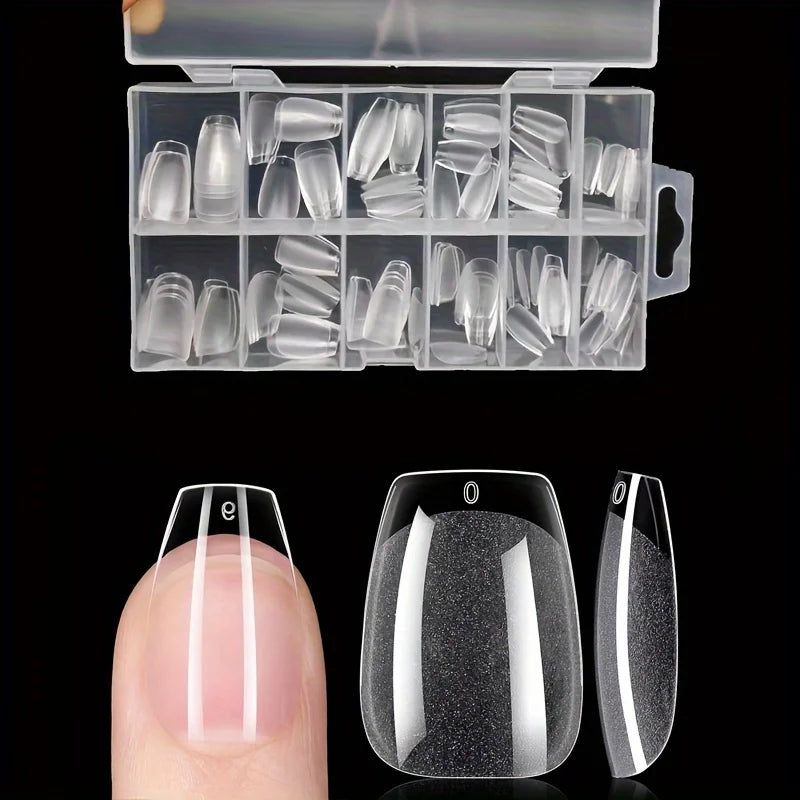 Blushimmer 120-piece full cover press-on nail tips in stiletto, almond, square, and coffin shapes for gel nail extensions.