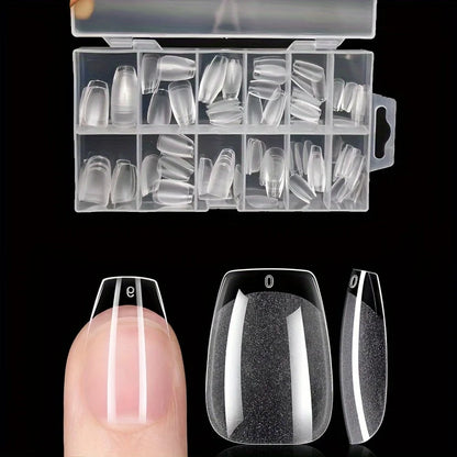 Blushimmer 120-piece full cover press-on nail tips in stiletto, almond, square, and coffin shapes for gel nail extensions.