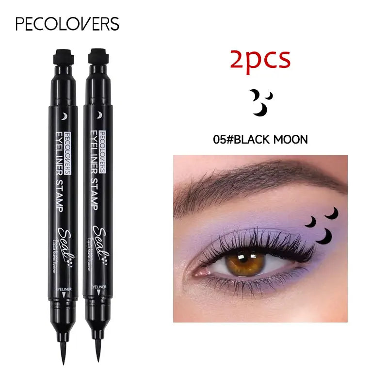 Black waterproof 2-in-1 star and moon stamp liquid eyeliner by Blushimmer, featuring precise applicator and celestial design.