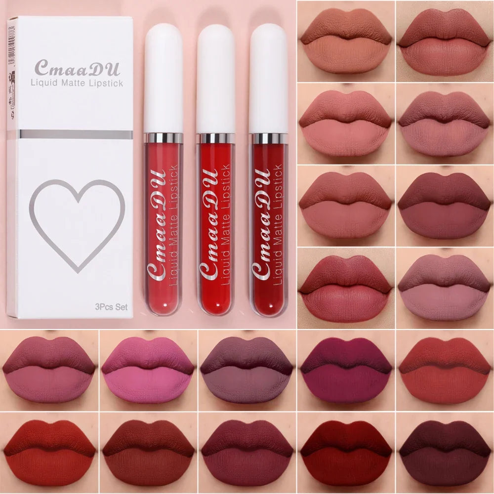 Blushimmer 3-pack matte lipstick and lip gloss set featuring long-lasting, waterproof, non-fading, and non-stick formulas.