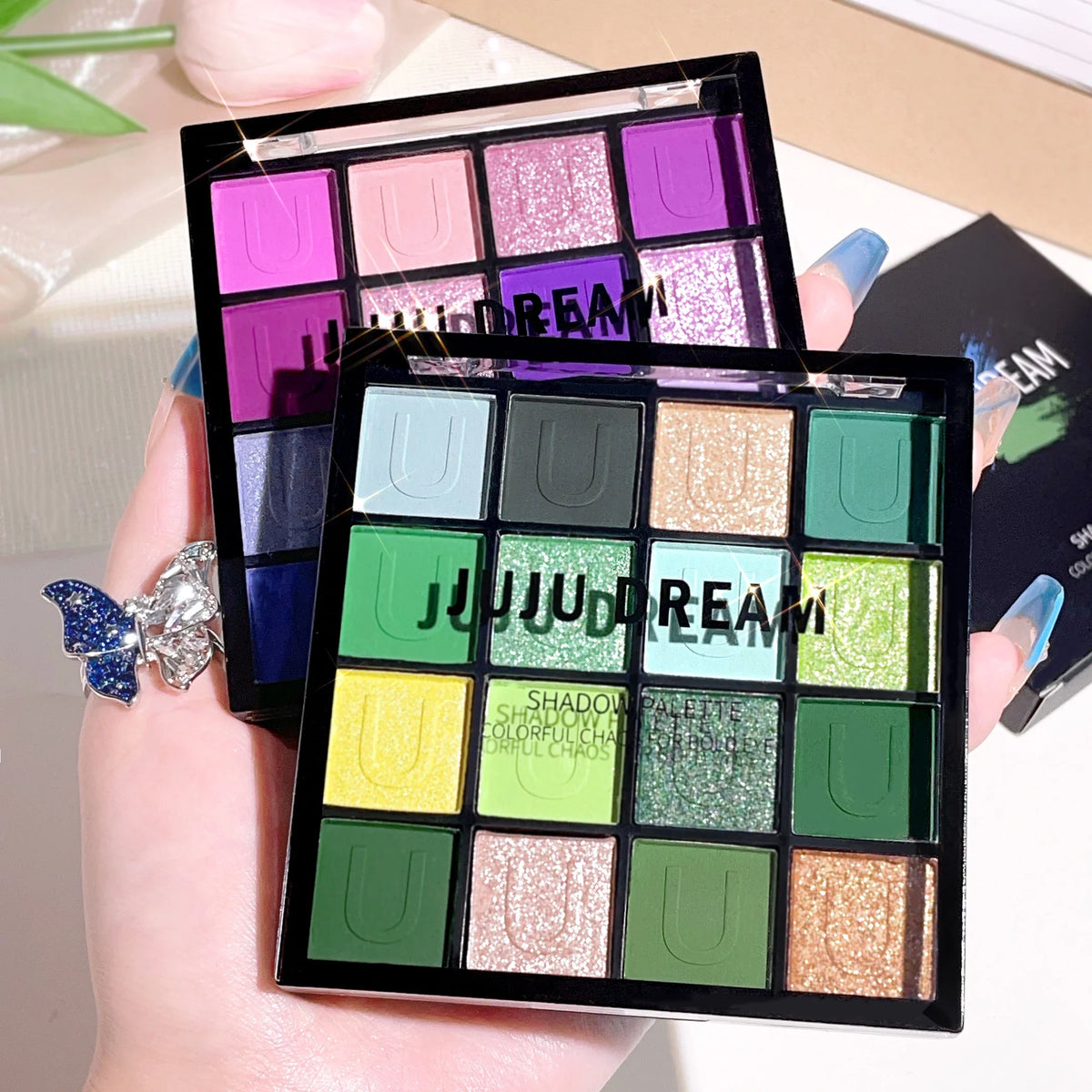 Blushimmer 16-grid red eyeshadow tray with purple glitter pearl matte shades, shimmer makeup for women, Korean eye cosmetics