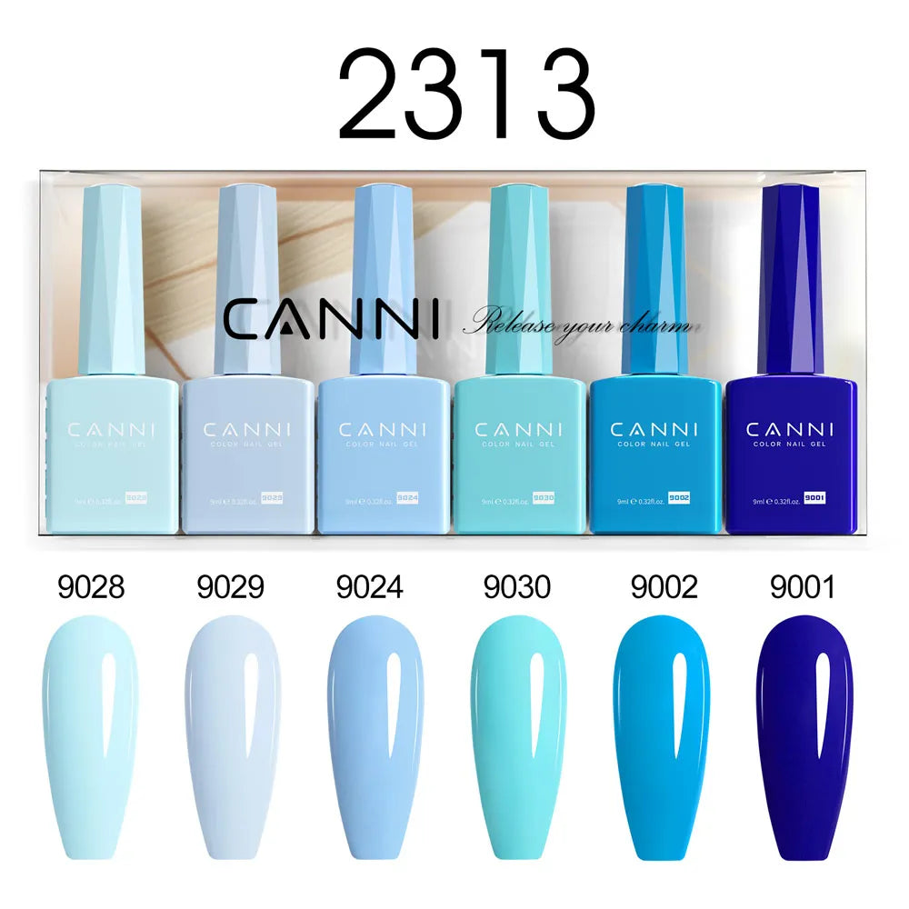 Blushimmer CANNI HEMA FREE nail gel polish set with six 9ml semi-permanent pigmented gel colors for UV and LED nail art.