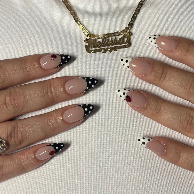 Blushimmer 24PCS wine red almond press-on nails with cartoon rabbit, bowknot, plaid, pearl designs, French style, detachable fake nails