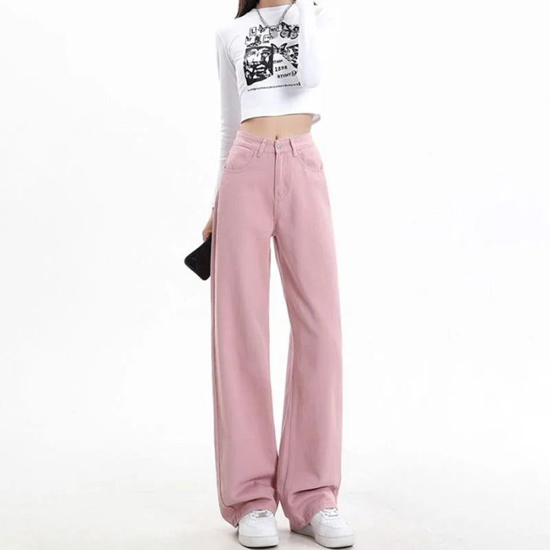 Lady Classic Daily High Waist Jeans Female Korean Solid Thin Pants Women Fashion Baggy Straight Leg Denim Trousers