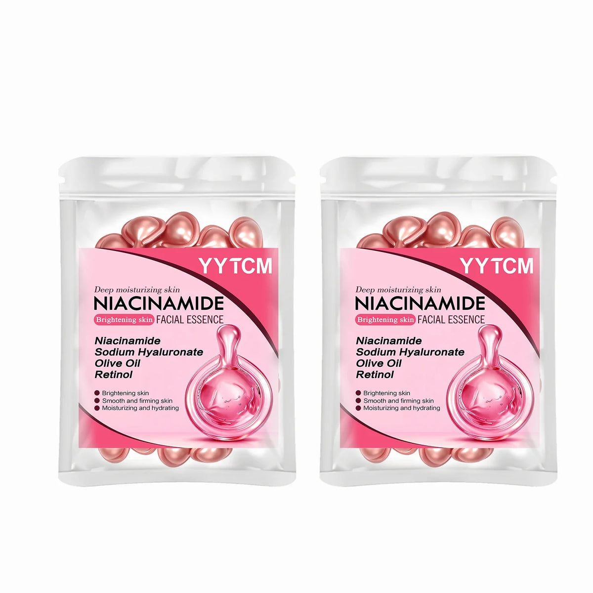 Blushimmer Niacinamide Facial Essence Capsules with retinol, olive fruit oil, and gardenia extract for brightening and hydrating skin.