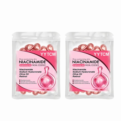 Blushimmer Niacinamide Facial Essence Capsules with retinol, olive fruit oil, and gardenia extract for brightening and hydrating skin.