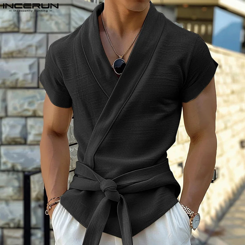 Black INCERUN men's V-neck T-shirt with short sleeves, solid color, casual summer streetwear style.