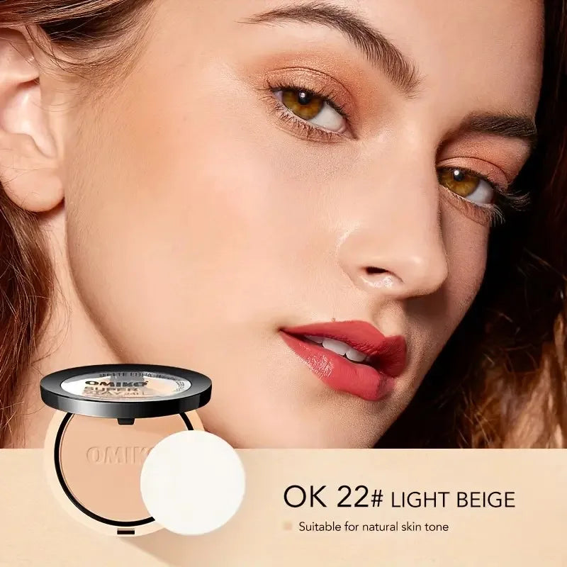 Blushimmer pressed waterproof face powder compact with full coverage, includes three color control shades for long-lasting makeup.