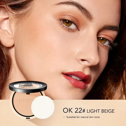Blushimmer pressed waterproof face powder compact with full coverage, includes three color control shades for long-lasting makeup.