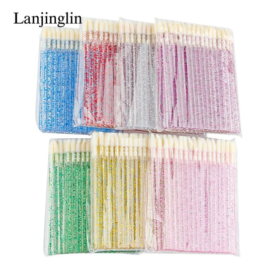 Set of 50 reusable Lanjinglin Lip Brushes by Blushimmer, ideal for lipstick application and eyelash extension tools.