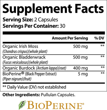 Organic sea moss supplement by Nutra Moment, showing supplement facts and label for health and beauty benefits.
