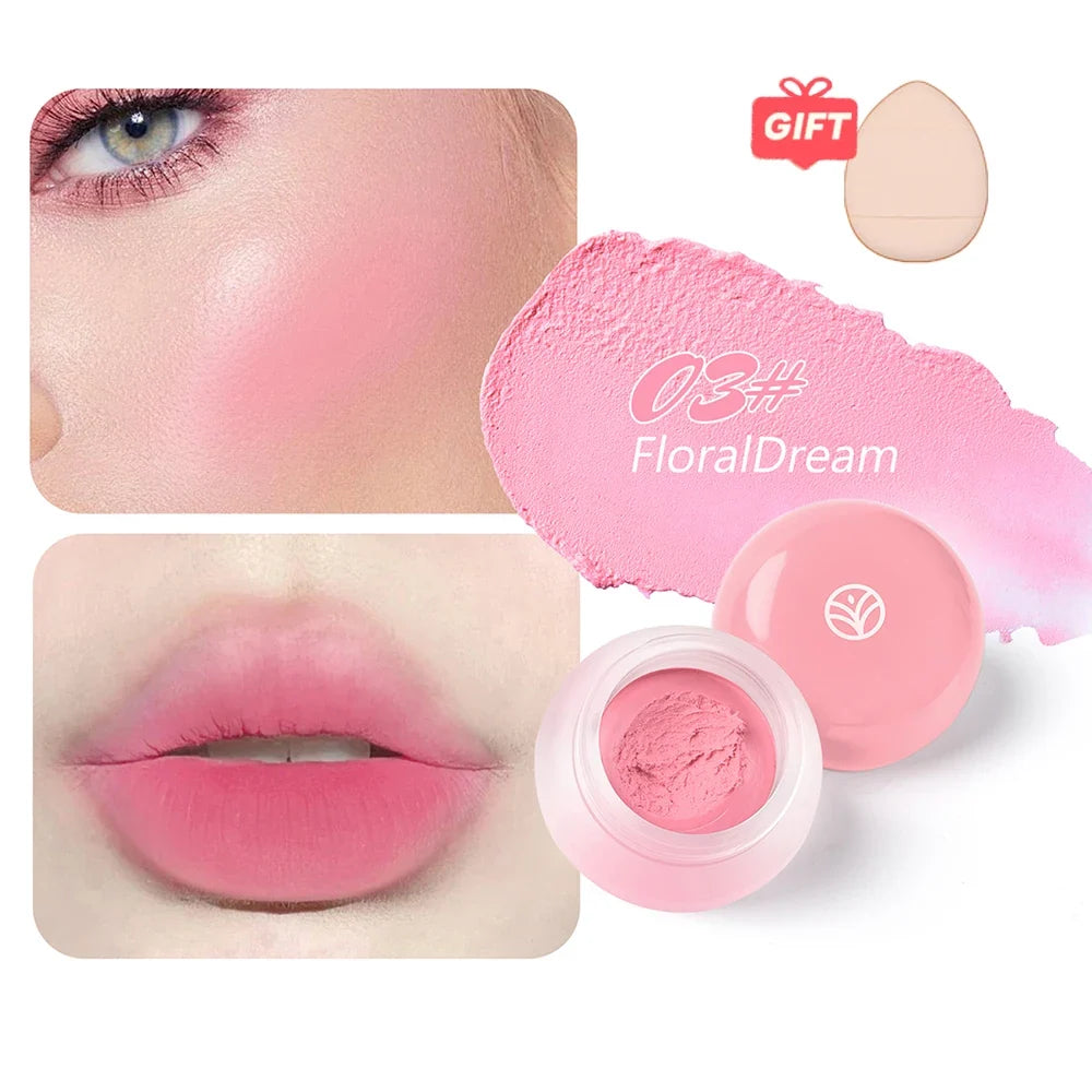 Blushimmer 6-color mousse texture powder blush with matte velvet finish, includes finger puff for easy application.