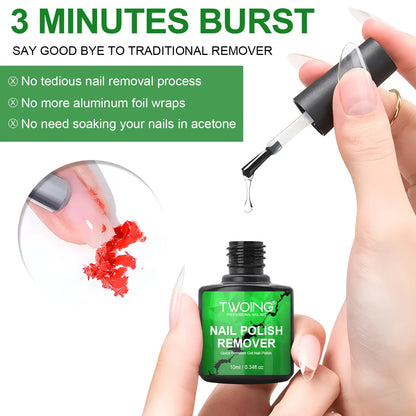 Blushimmer 3-piece gel nail polish remover set for quick, easy UV gel removal without soaking or wrapping, visible bottles and applicators.