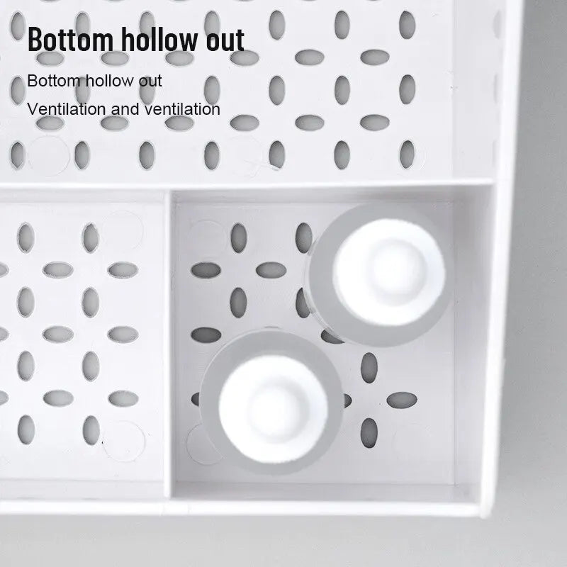 White Blushimmer plastic makeup storage drawer box with compartments on a dressing table for cosmetics and skincare organization.