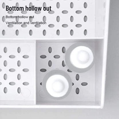 White Blushimmer plastic makeup storage drawer box with compartments on a dressing table for cosmetics and skincare organization.