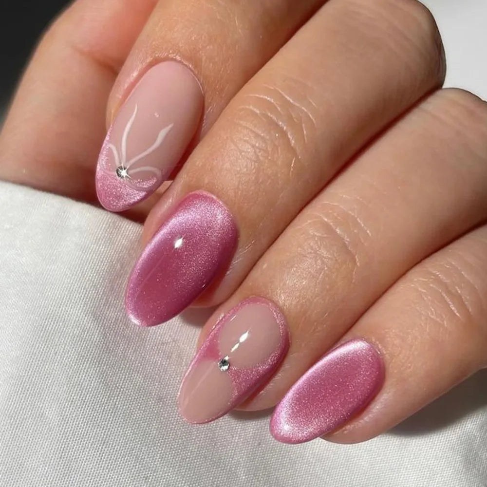Set of 24 glossy red cat's eye press on nails by Blushimmer, almond shape, full cover nude color, detachable fake nails for women.