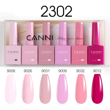 Blushimmer 6-pack CANNI HEMA free nail gel polish set with vibrant semi-permanent colors for UV and LED gel nail art.