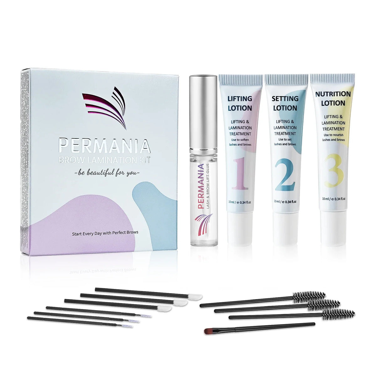 Blushimmer Permania eyelash lift and brow lamination kit with curling tools and adhesive for instant eyelash and brow enhancement.