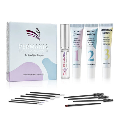 Blushimmer Permania eyelash lift and brow lamination kit with curling tools and adhesive for instant eyelash and brow enhancement.