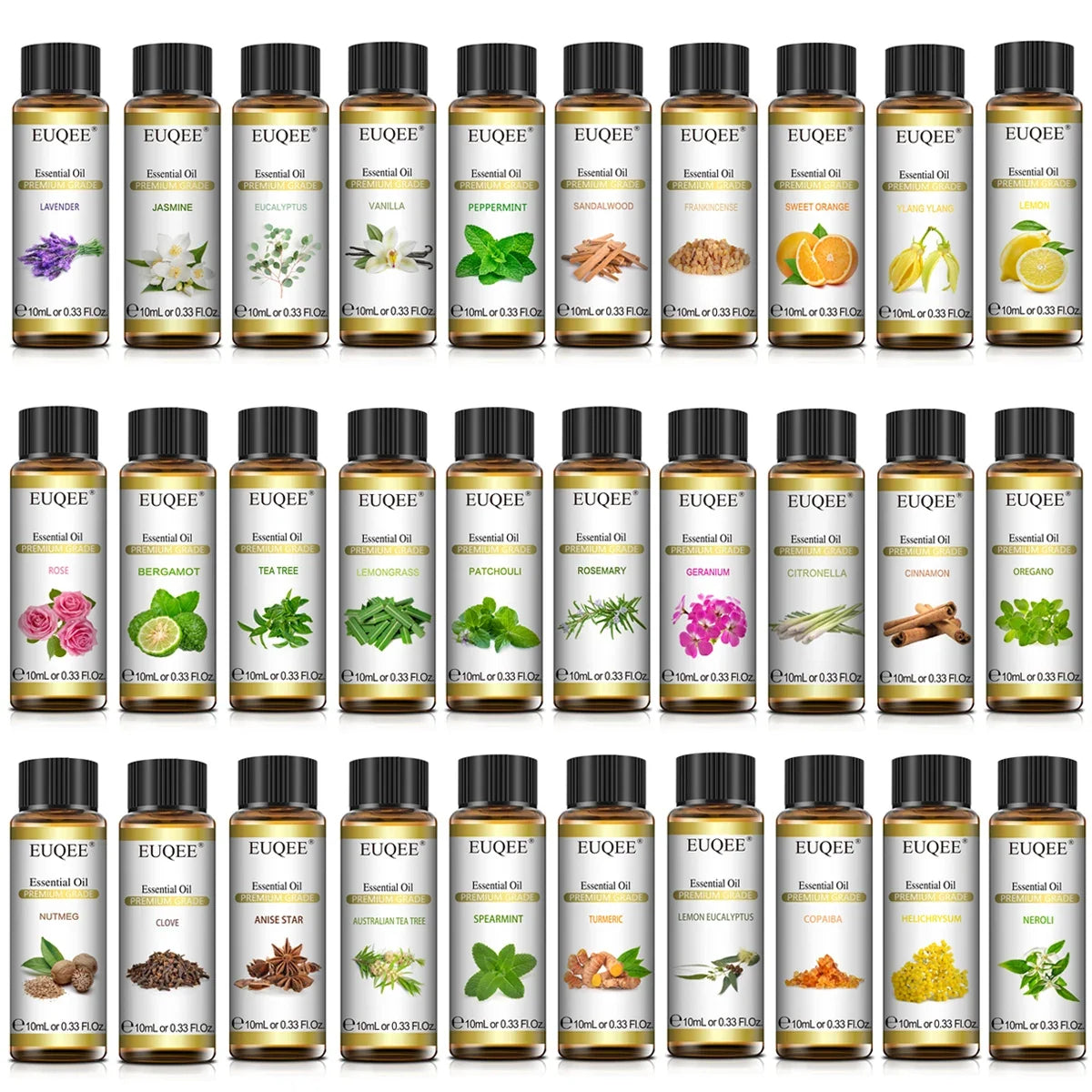 EUQEE 10ml natural essential oil set including lavender, jasmine, eucalyptus, vanilla, sandalwood, sweet orange, lemon, oregano, and neroli.
