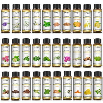 EUQEE 10ml natural essential oil set featuring lavender, jasmine, eucalyptus, vanilla, sandalwood, orange, lemon, oregano, and neroli by Blushimmer