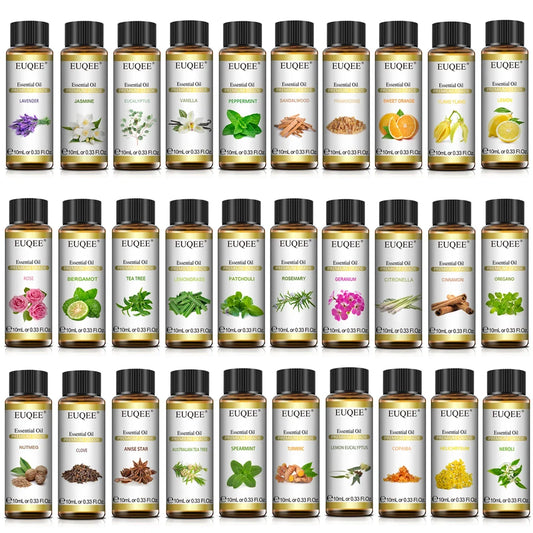EUQEE 10ml natural essential oil set featuring lavender, jasmine, eucalyptus, vanilla, sandalwood, orange, lemon, oregano, and neroli by Blushimmer